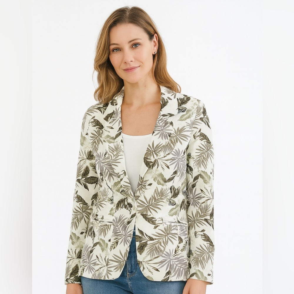 Solitaire Linen Blend Tropical Palm Leaf Blazer Ivory Green Large 18-1198
